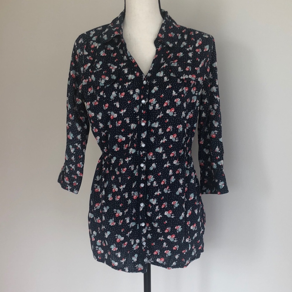 Tramp navy blue floral fitted blouse with Western detailing